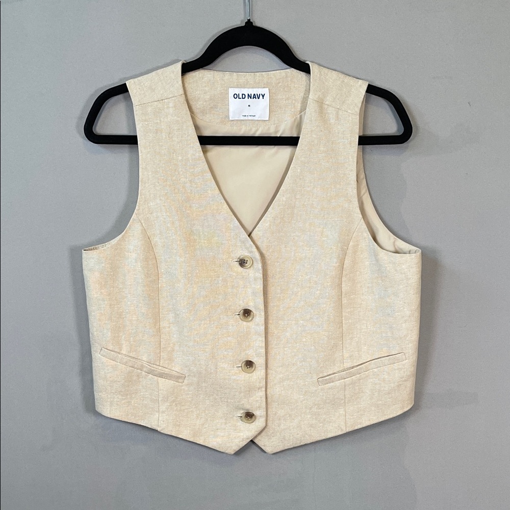 Old Navy Women’s Linen Blend Light Tan Classic Buttoned Vest Medium